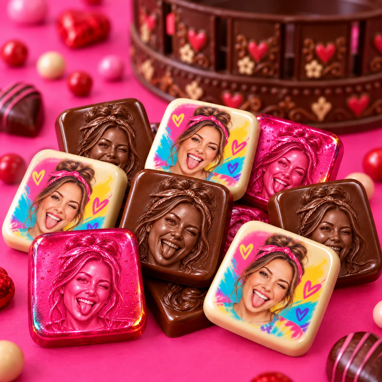 A pile of printed candy, embossed candy, and molded chocolate portrait tiles on a pink table, with the zoetrope softly out of focus behind them