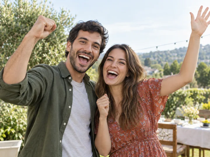 AI-generated example of two friends cheering in a clear video frame