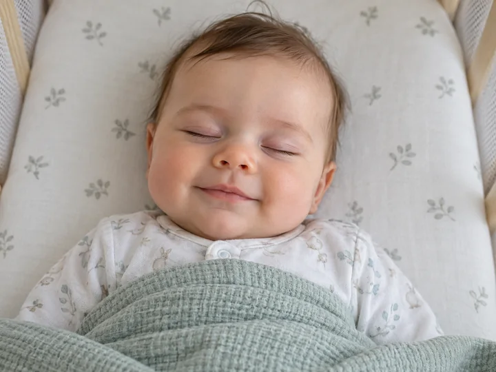 AI-generated example of a softly lit sleeping baby with a small grin
