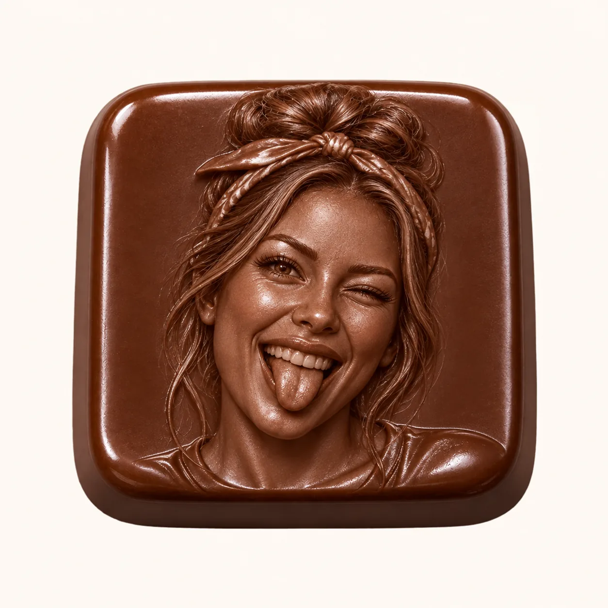Glossy chocolate tile molded with a realistic woman wearing a knotted headband, winking and sticking out her tongue